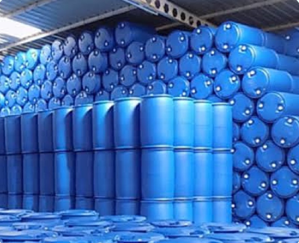 HDPE drums, stacked and ready
